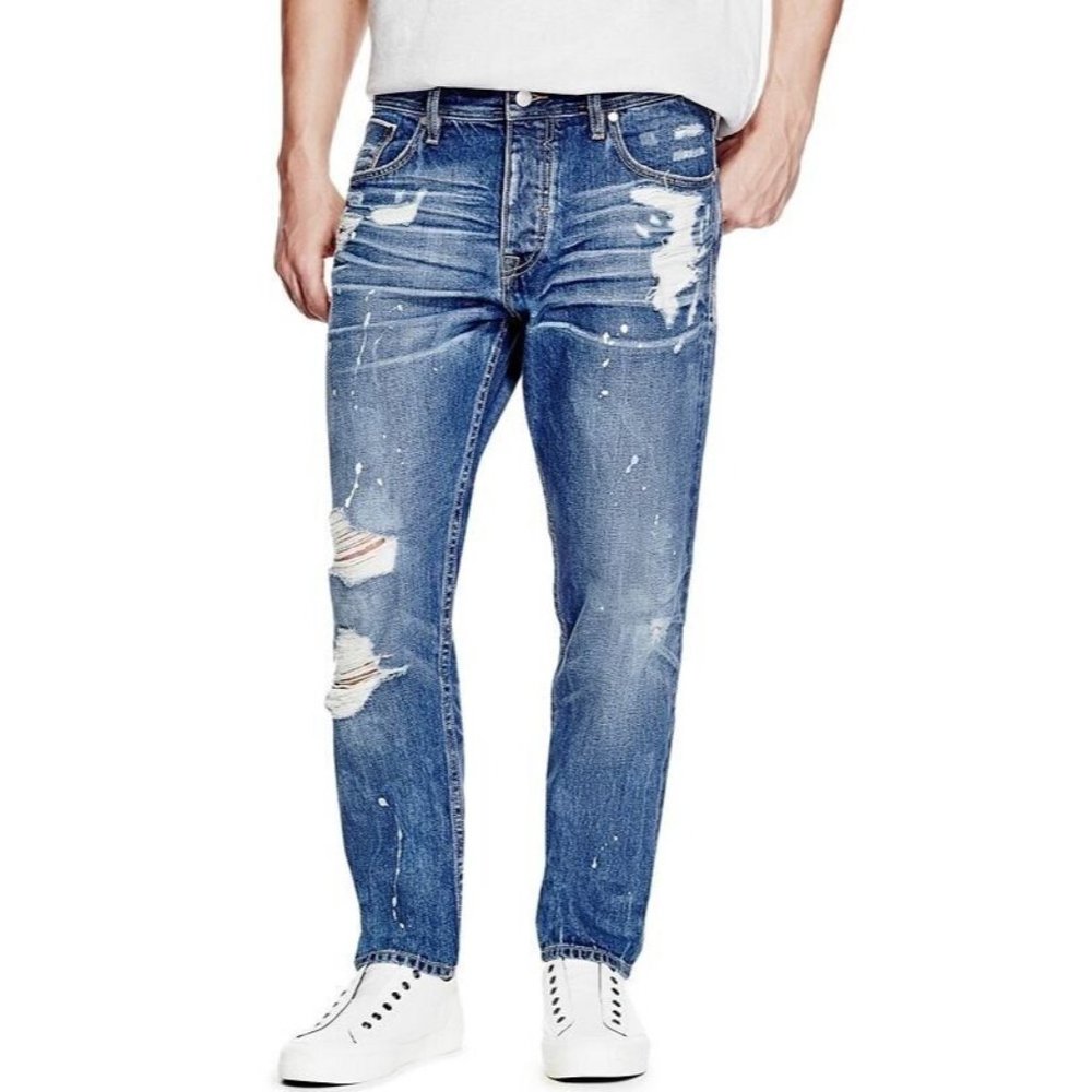 Guess Men's Originals 1981 Regular Tapered Jeans With Destroy Size 31